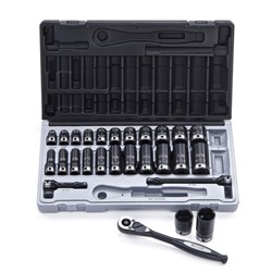 27 Piece 3/8 Drive 6-Point Imperial, Standard & Deep Socket Set Dual Action