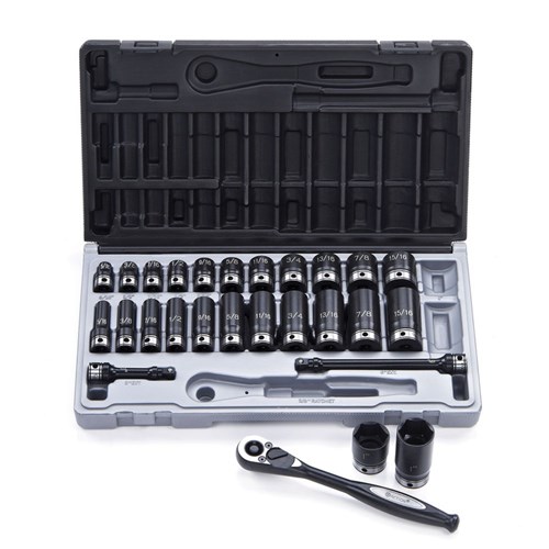 27 Piece 3/8 Drive 6-Point Imperial, Standard & Deep Socket Set Dual Action