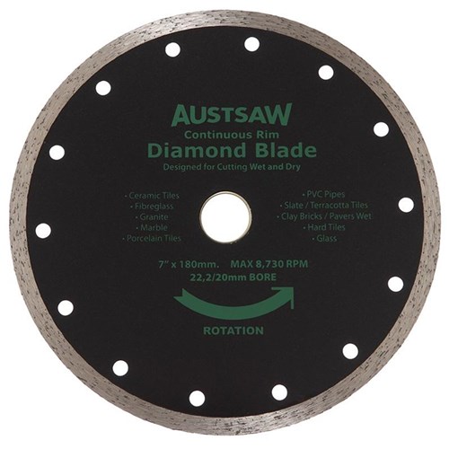 Austsaw - 185mm(7in) Diamond Blade Continuous Rim - 22.2/20mm Bore - Continuous