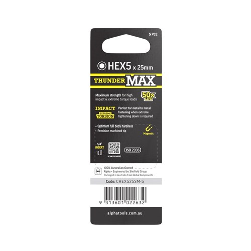 ThunderMax HEX5 x 25mm Impact Insert Bit Carded | 5 Pack