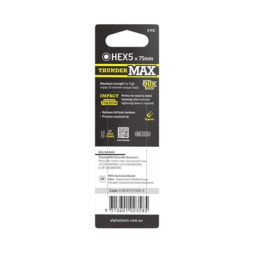 ThunderMax HEX5 x 75mm Impact Power Bit Carded | 3 Pack
