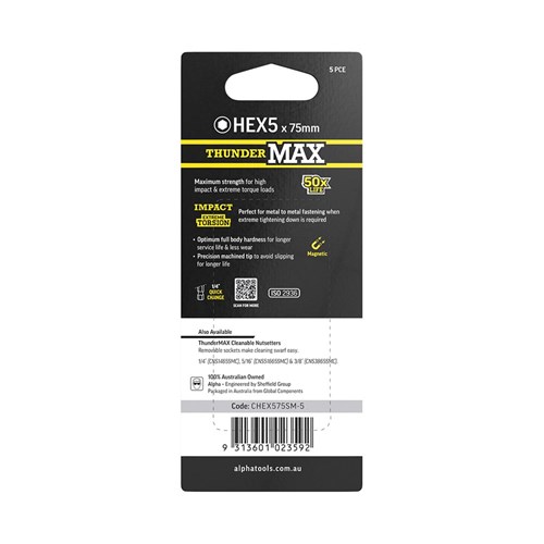 ThunderMax HEX5 x 75mm Impact Power Bit Carded | 5 Pack