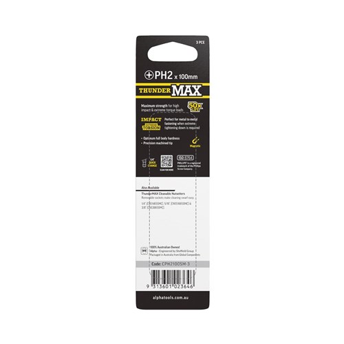 ThunderMax PH2 x 100mm Impact Power Bit Carded | 3 Pack