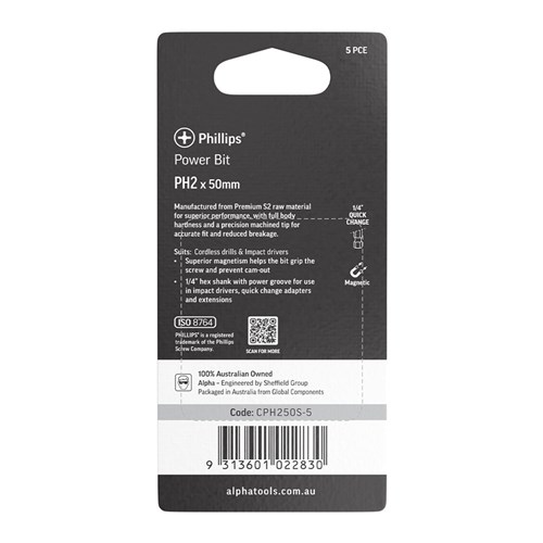 PH2 x 50mm Phillips Power Bit Carded | 5 Pack