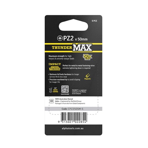 ThunderMax PZ2 x 50mm Impact Power Bit Carded | 5 Pack
