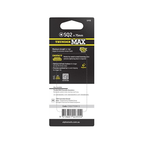 ThunderMax SQ2 x 75mm Impact Power Bit Carded | 5 Pack