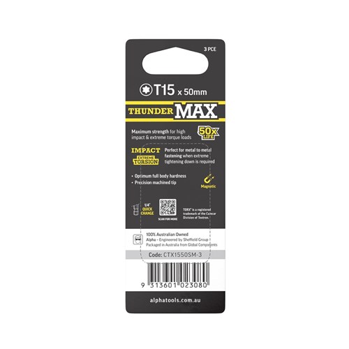 ThunderMax TX15 x 50mm Impact Power Bit Carded | 3 Pack