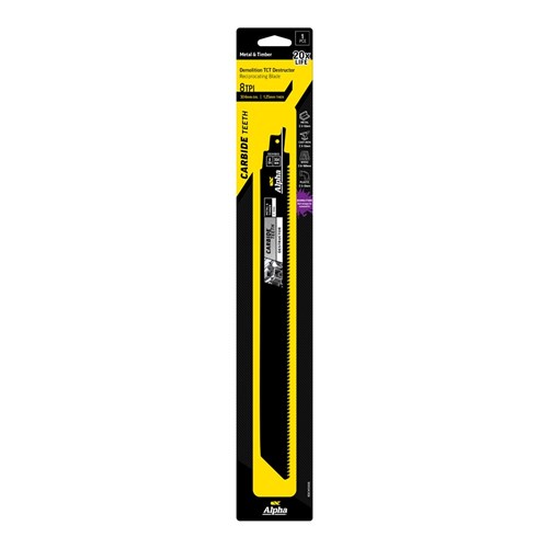 Alpha Carbide Teeth TCT Destructor Metal & Timber Recip Blade | 8 TPI - 304mm