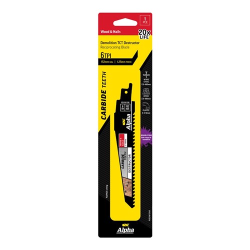 Alpha Carbide Teeth TCT Destructor Wood & Nails Recip Blade | 6 TPI - 152mm