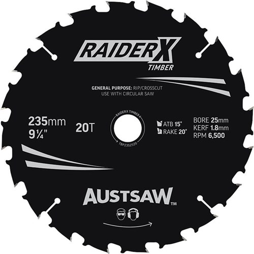 Austsaw RaiderX Timber Blade 235mm x 25 Bore x 20 T Bulk Pack (x20)