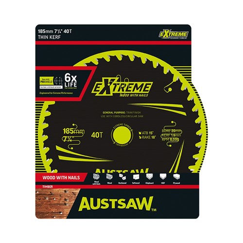 Austsaw Extreme: Wood with Nails Blade 185mm x 20/16 Bore x 40 T Thin Kerf